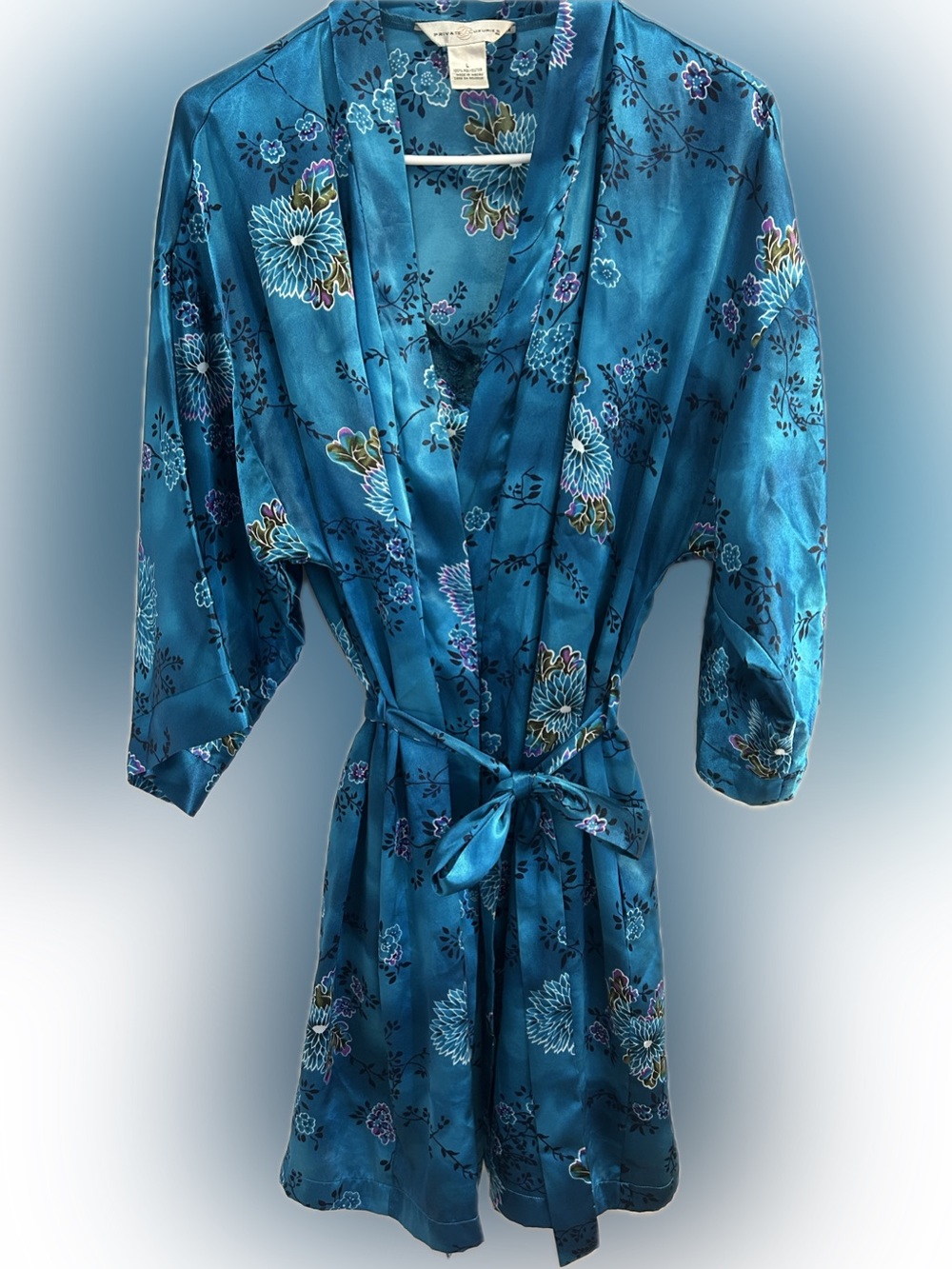 Blue Floral Satin Kimono Robe and Nightgown